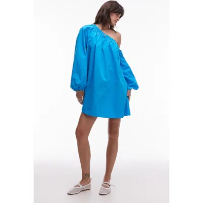 Topshop One-shoulder Long Sleeve Trapeze Cotton Poplin Minidress In Blue