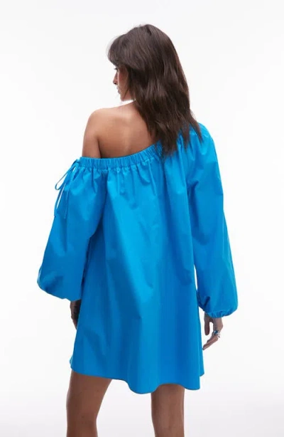 Topshop One-shoulder Long Sleeve Trapeze Cotton Poplin Minidress In Blue