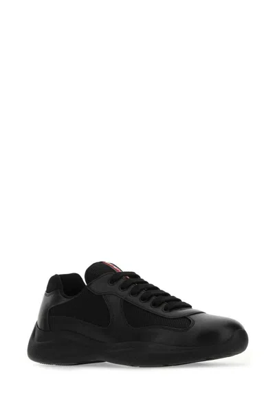 Prada Men Black Leather And Tech Fabric Sneakers In Black