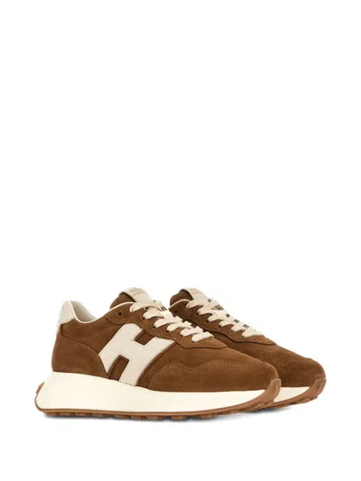Hogan Leather Sneakers With Round Toe And Rubber Sole In Brown