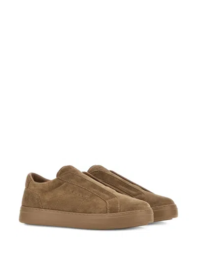 Hogan Brown Slip-on Leather Sneakers With Debossed Branding In Multi