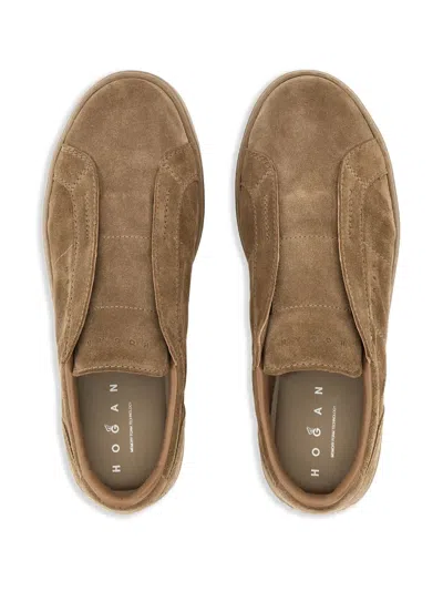 Hogan Brown Slip-on Leather Sneakers With Debossed Branding In Multi