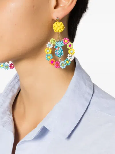Amir Slama Flower Cat-motif Drop Earrings In Multi