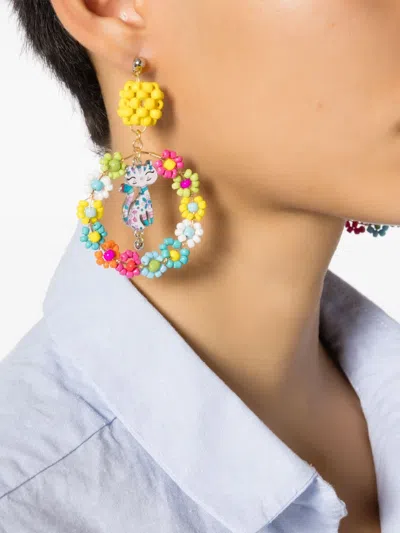 Amir Slama Flower Cat-motif Drop Earrings In Multi