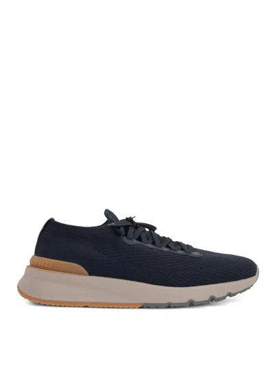 Brunello Cucinelli Leather-trimmed Stretch-knit Sneakers In Blue