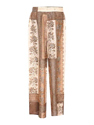 Zimmermann Lucky Brown Pants With Elastic Drawstring Waist And All-over Floral Print In Silk Woman