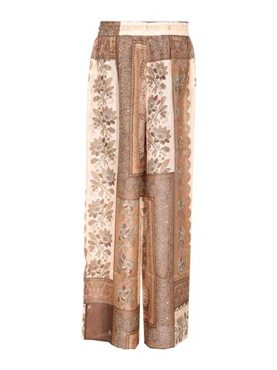 Zimmermann Lucky Brown Pants With Elastic Drawstring Waist And All-over Floral Print In Silk Woman