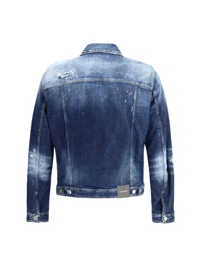 Dsquared2 Dan Blue Jacket With Classic Collar And All-over Painted Details In Denim Man In Blue