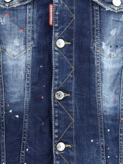 Dsquared2 Dan Blue Jacket With Classic Collar And All-over Painted Details In Denim Man In Blue