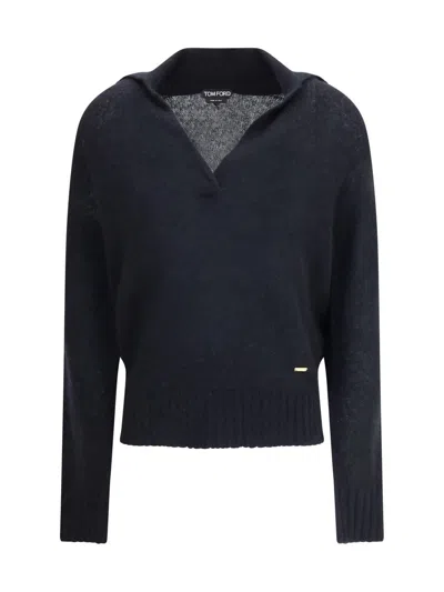 Tom Ford Ribbed Finish Wool Polo Sweater In Blue