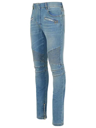 Balmain Biker Blue Cotton Jeans In Blue