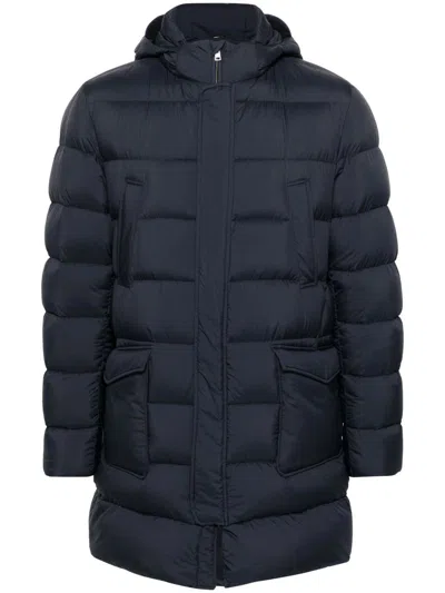 Herno Long Quilted Down Jacket With Hood And Flap Pockets In Blue