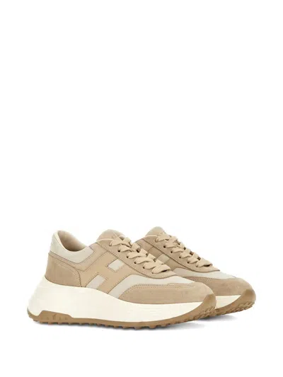 Hogan Panelled Design Leather Sneakers With Ridged Sole In Neutral