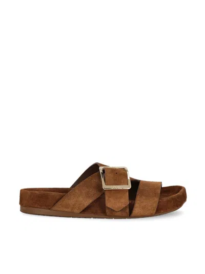 Loewe Brown Calf Suede Sandals With Bold Buckle Detail In Brown