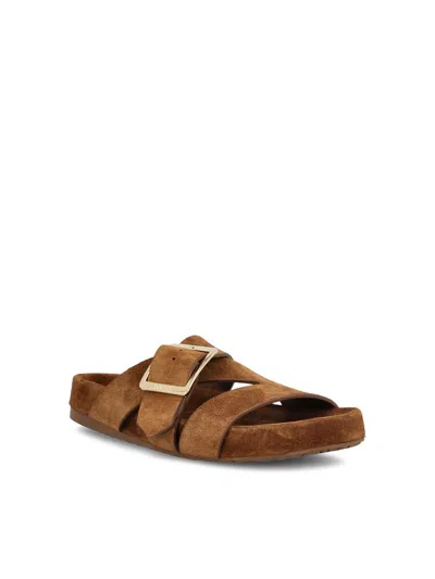 Loewe Brown Calf Suede Sandals With Bold Buckle Detail In Brown
