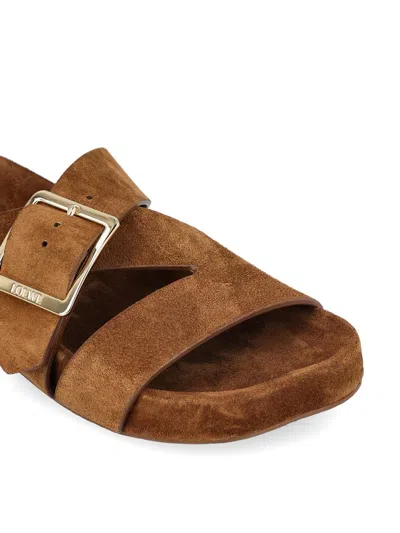 Loewe Brown Calf Suede Sandals With Bold Buckle Detail In Brown