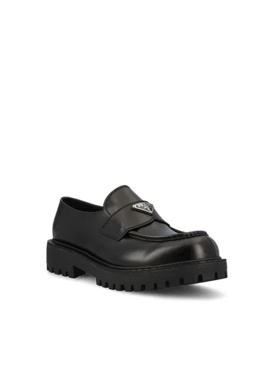 Prada Polished Black Leather Loafers With Chunky Rubber Sole In Black