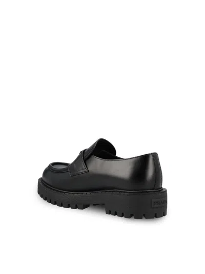 Prada Polished Black Leather Loafers With Chunky Rubber Sole In Black