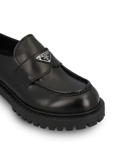 Prada Polished Black Leather Loafers With Chunky Rubber Sole In Black