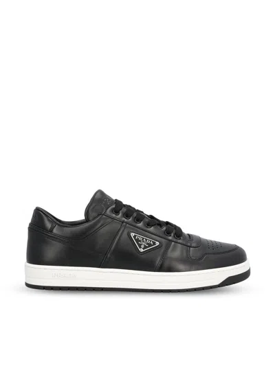 Prada Leather Sneakers With Perforated Toe Cap In Black