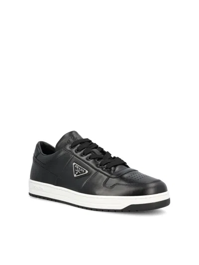 Prada Leather Sneakers With Perforated Toe Cap In Black