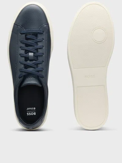 Hugo Boss Low-top Trainers In Grained Faux Leather In Blue