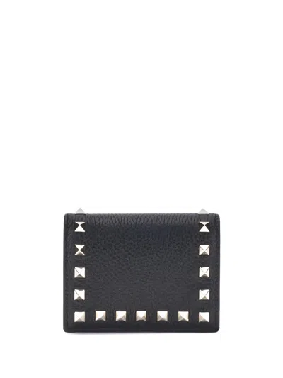 Valentino Bold Studded Leather Wallet With Textured Finish In Black