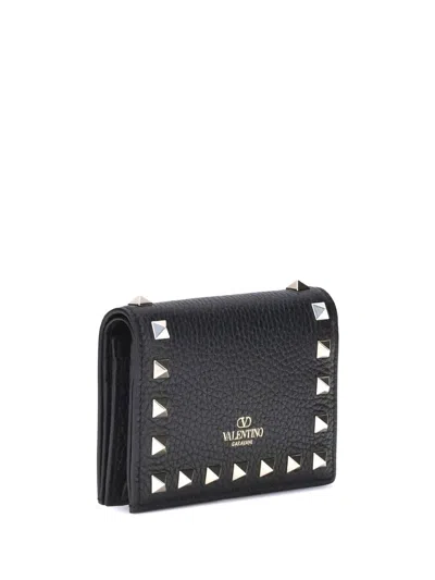 Valentino Bold Studded Leather Wallet With Textured Finish In Black