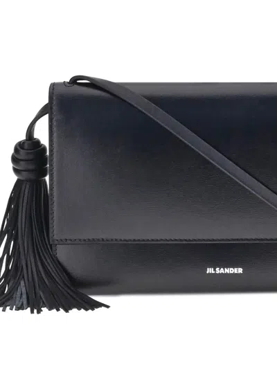 Jil Sander Tasseled Leather Shoulder Bag In Black