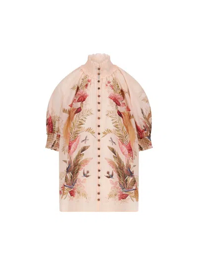 Zimmermann Ascension Embellished Shirred Floral-print Ramie Blouse In Multi