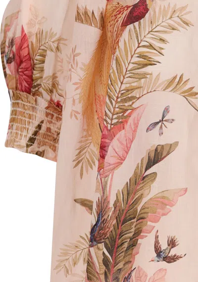 Zimmermann Ascension Embellished Shirred Floral-print Ramie Blouse In Multi