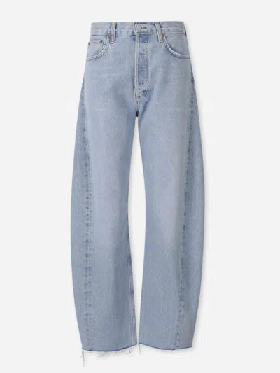 Agolde Luna Light Blue Jeans With Logo Patch On The Rear And Fringed Hem In Denim Woman In Blue