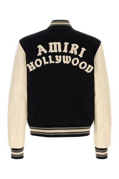 Amiri Mens Hollywood Embroidered-text Wool-leather Blend Bomber Jacket Black Xl In Black