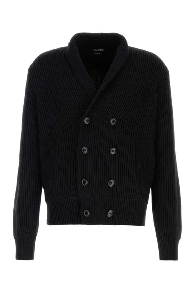 Tom Ford Shawl Collar Double-breasted Front Pockets Ribbed Texture In Black