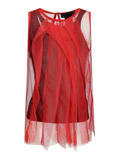 Maria Calderara Sleeveless Cotton Top With Contrasting Tulle Overlay In Red