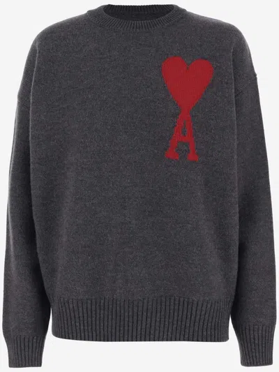 Ami Alexandre Mattiussi Crew Neck Long Sleeve Sweater With Ribbed Edges In Gray