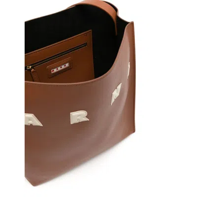 Marni Brown Structured Calfskin Shopping Bag With Ivory Details