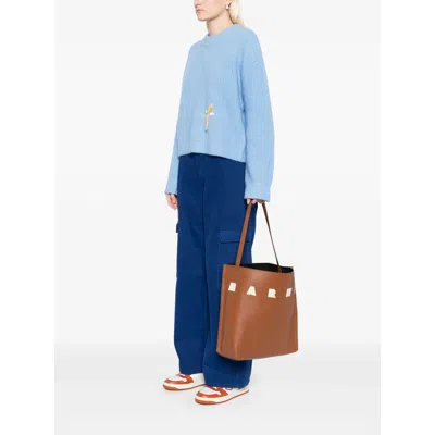 Marni Brown Structured Calfskin Shopping Bag With Ivory Details
