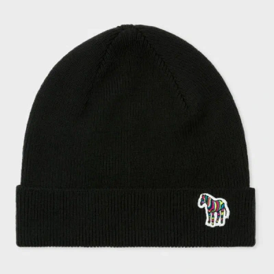 Ps By Paul Smith Black 'zebra' Logo Ribbed Lambswool Beanie Hat