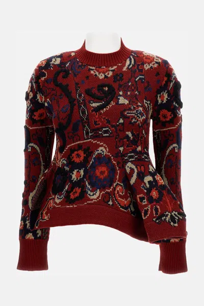 Sacai Womens Bordeaux Floral Wavy-hem Wool Jumper In Red