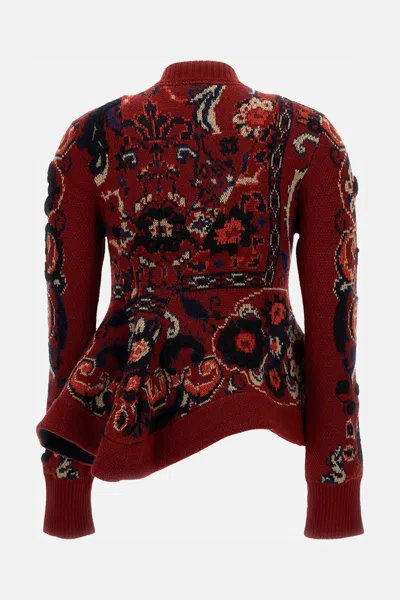 Sacai Womens Bordeaux Floral Wavy-hem Wool Jumper In Red