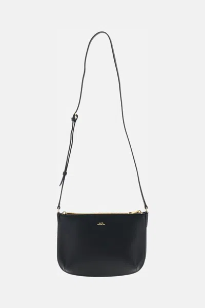 A.p.c. Minimalist Black Leather Shoulder Bag With Adjustable Strap In Black