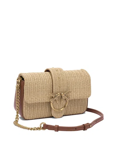 Pinko Mini Love Bag Slouchy Small Shoulder Bag In Raffia With Double Shoulder Strap In Brown