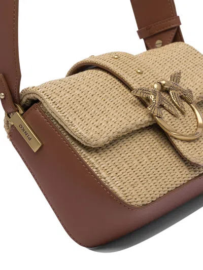 Pinko Mini Love Bag Slouchy Small Shoulder Bag In Raffia With Double Shoulder Strap In Brown