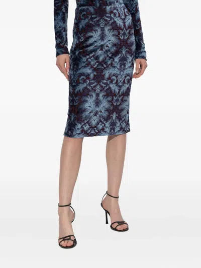 Etro Damask-pattern Velvet Midi Skirt In Blue