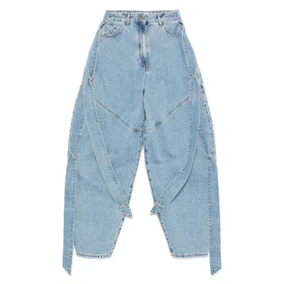 Attico Blue Jeans With Maxi Drawstring On The Front And Logo Patch On The Rear In Denim Woman