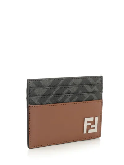 Fendi Portacarte Multicolor In Pelle E Tela Uomo In Brown