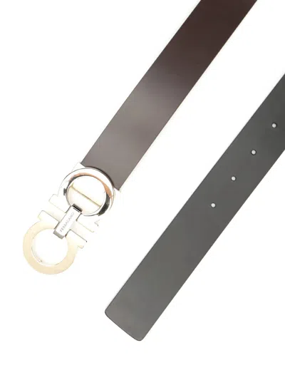 Ferragamo Double Adjus Reversible Double Gancino Gold Buckle Belts Brown In Brown