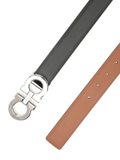 Ferragamo Double Adjustable Leather Belt Classic Double Gancio Buckle Belts Black In Black