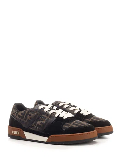 Fendi Match Low-top Ff Jacquard Fabric And Suede Sneakers In Brown